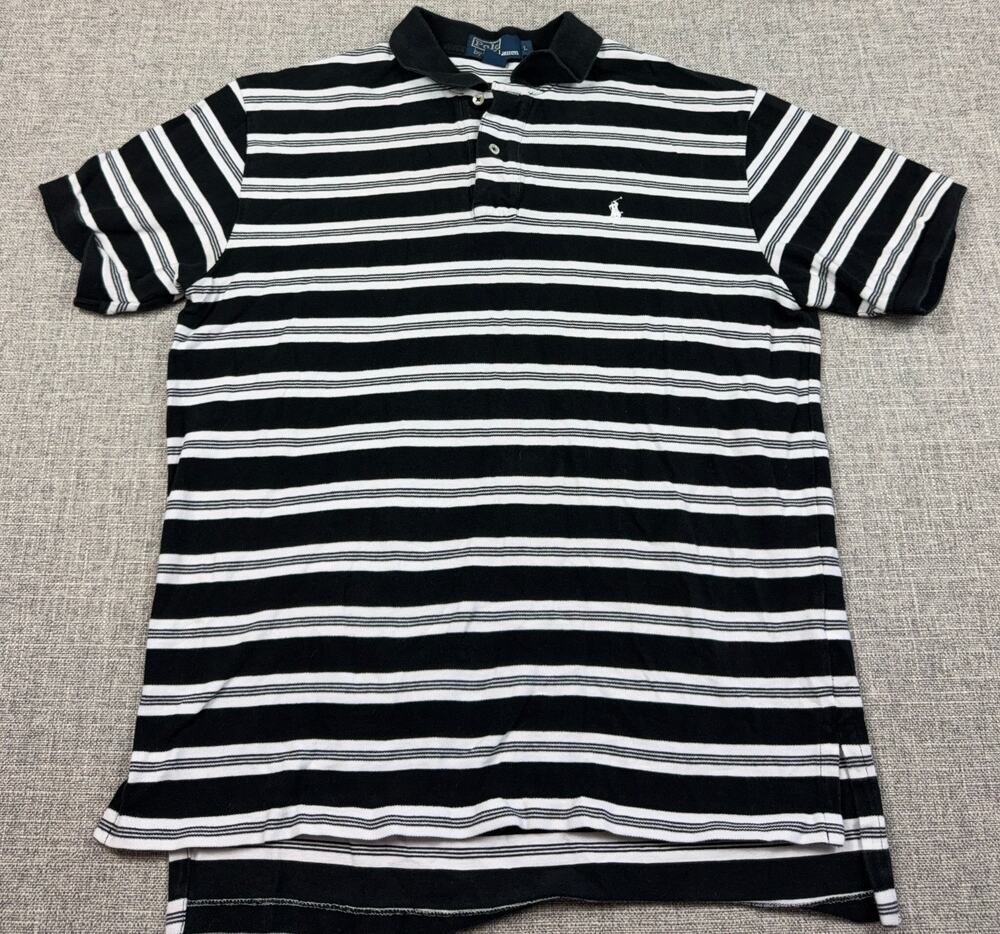 Polo Ralph Lauren Mens Large Polo Shirt Black White Striped Cotton Pony